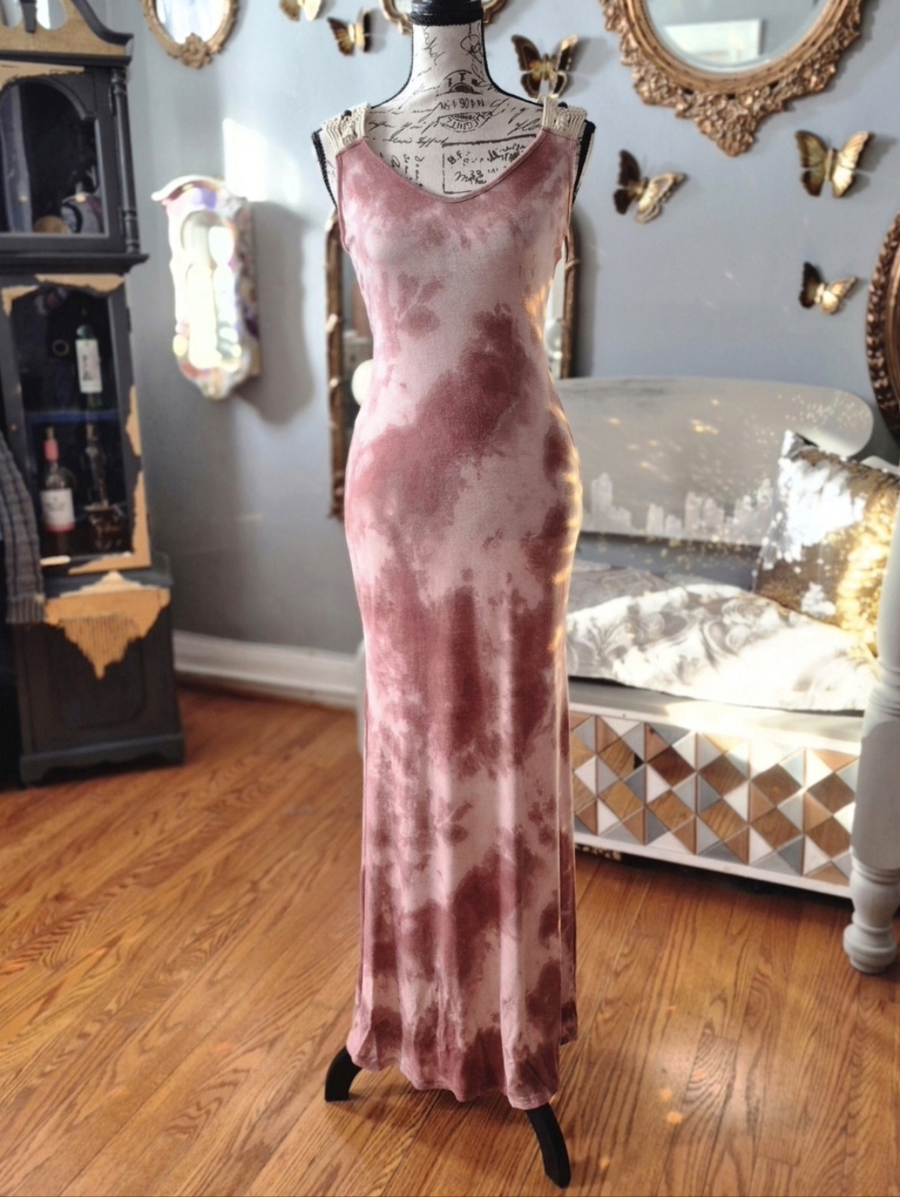VENUS Boho Barbie Dusty Rose Tie-Dye Velvet Maxi Dress Small